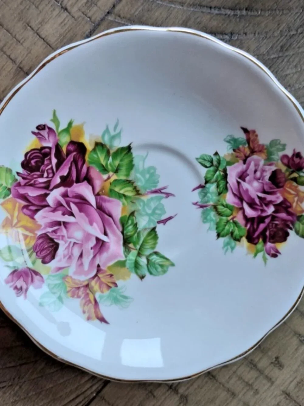 Vintage Crownford Teacup & Saucer Pink-Yellow Flowers + Gilt Scalloped Edges